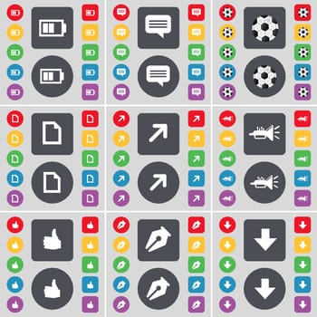 Battery, Chat bubble, Ball, File, Full screen, Trumped, Like, Ink pen, Arrow down icon symbol. A large set of flat, colored buttons for your design. illustration