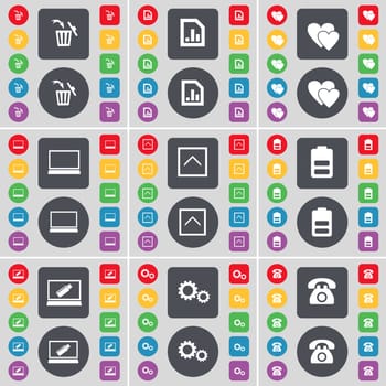 Trash can, Graph file, Heart, Laptop, Arrow up, Battery, Laptop, Gear, Retro phone icon symbol. A large set of flat, colored buttons for your design. illustration