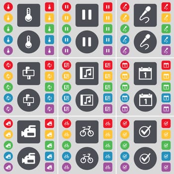 Thermometer, Pause, Microphone, Mailbox, Music window, Calendar, Film camera, Bicycle, Tick icon symbol. A large set of flat, colored buttons for your design. illustration