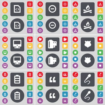 File, Minus, Campfire, Monitor, Negative films, Police badge, Battery, Quotation mark, Microphone icon symbol. A large set of flat, colored buttons for your design. illustration