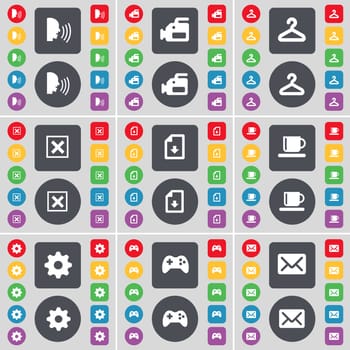 Talk, Film camera, Hanger, Stop, File, Cup, Gear, Gampad, Message icon symbol. A large set of flat, colored buttons for your design. illustration