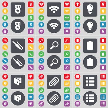 Medal, Wi-Fi, Light bulb, Microphone connector, Magnifying glass, Battery, Wallet, Clip, List icon symbol. A large set of flat, colored buttons for your design. illustration