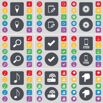Checkpoint, Survey, Lens, Magnifying glass, Tick, Smartphone, Note, Router, Hand icon symbol. A large set of flat, colored buttons for your design. illustration
