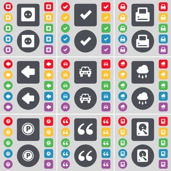 Socket, Tick, Printer, Arrow left, Car, Cloud, Parking, Quotation mark, Hard drive icon symbol. A large set of flat, colored buttons for your design. illustration