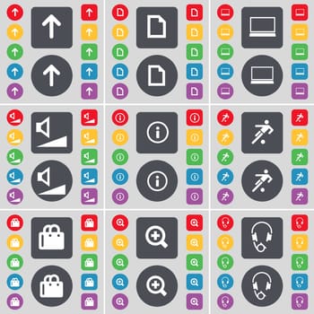 Arrow up, File, Laptop, Volume, Information, Football, Shopping bag, Plus, Headphones icon symbol. A large set of flat, colored buttons for your design. illustration