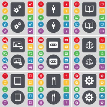 Gear, Silhouette, Book, Picture, Cassette, Scales, Tablet PC, Fork and knife, Gear icon symbol. A large set of flat, colored buttons for your design. illustration