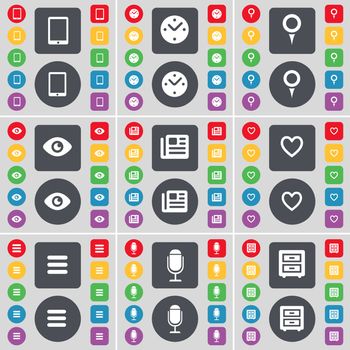 Tablet PC, Clock, Checkpoint, Vision, Newspaper, Heart, Apps, Microphone, Bed-table icon symbol. A large set of flat, colored buttons for your design. illustration