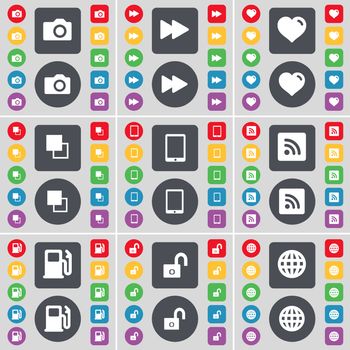 Camera, Rewind, Heart, Copy, Tablet PC, RSS, Gas station, Globe icon symbol. A large set of flat, colored buttons for your design. illustration