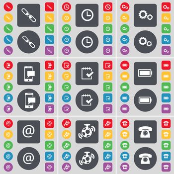 Link, Clock, Gear, SMS, Survey, Battery, Mail, Speaker, Retro phone icon symbol. A large set of flat, colored buttons for your design. illustration