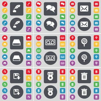 Ink pot, Chat, Message, Hard drive, Cassette, Lollipop, Floppy, Medal, Trash can icon symbol. A large set of flat, colored buttons for your design. illustration