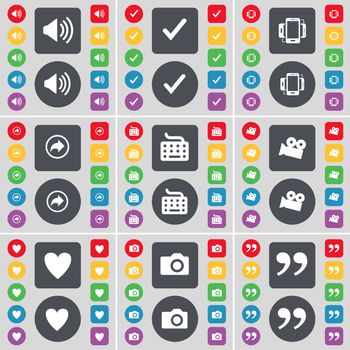 Sound, Tick, Smartphone, Back, Keyboard, Film camera, Heart, Camera, Quotation mark icon symbol. A large set of flat, colored buttons for your design. illustration