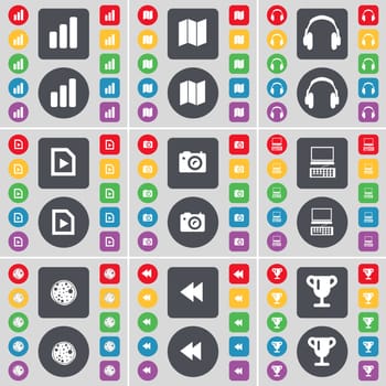 Diagram, Map, Headphones, Media file, Camera, Laptop, Pizza, Rewind icon symbol. A large set of flat, colored buttons for your design. illustration