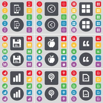 SMS, Arrow left, Apps, Floppy, Apple, Quotation mark, Diagram, Lollipop, Graph file icon symbol. A large set of flat, colored buttons for your design. illustration
