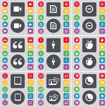 Film camera, Text file, Minus, Quotation mark, Silhouette, Apple, Tablet PC, Picture, Moon icon symbol. A large set of flat, colored buttons for your design. illustration