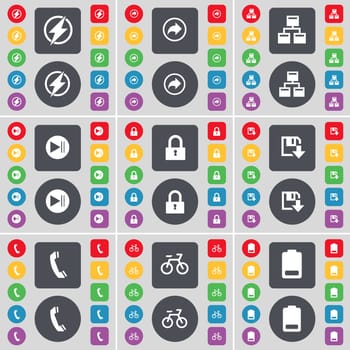 Flash, Back, Network, Media skip, Lock, Floppy, Receiver, Bicycling, Battery icon symbol. A large set of flat, colored buttons for your design. illustration