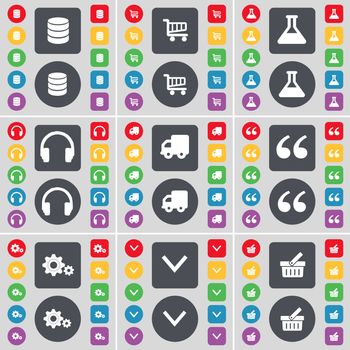 Database, Shopping card, Flask, Headphones, Truck, Quotation mark, Gear, Arrow down, Basket icon symbol. A large set of flat, colored buttons for your design. illustration