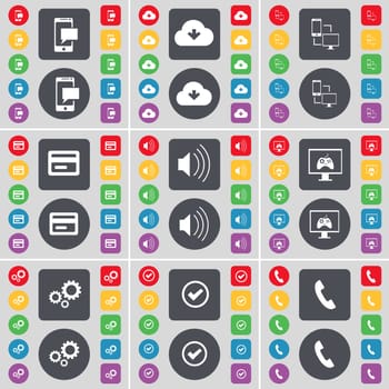 SMS, Cloud, Connection, Credit card, Sound, Monitor, Gear, Tick, Receiver icon symbol. A large set of flat, colored buttons for your design. illustration