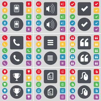 Mobile phone, Sound, Tick, Receiver, Apps, Quotation mark, Cup, Text file, Mouse icon symbol. A large set of flat, colored buttons for your design. illustration