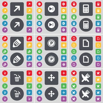 Full screen, Media skip, Calculator, Pencil, Parking, File, Trash can, Moving, Fork and knife icon symbol. A large set of flat, colored buttons for your design. illustration