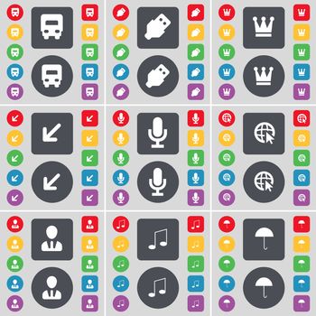 Truck, USB, Crown, Deploying screen, Microphone, Web cursor, Avatar, Note, Umbrella icon symbol. A large set of flat, colored buttons for your design. illustration