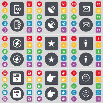 Smartphone, Satellite dish, Message, Flash, Star, Silhouette, Floppy, Hand, Smile icon symbol. A large set of flat, colored buttons for your design. illustration