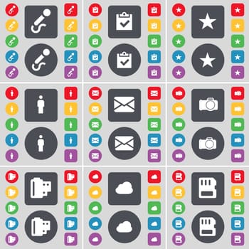 Microphone, Survey, Star, Silhouette, Message, Camera, Negative films, Cloud, SIM card icon symbol. A large set of flat, colored buttons for your design. illustration