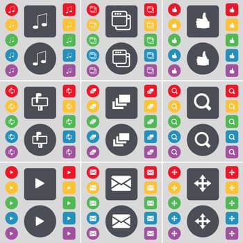 Note, Window, Like, Mailbox, Gallery, Magnifying glass, Media play, Message, Moving icon symbol. A large set of flat, colored buttons for your design. illustration