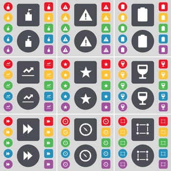 Flag tower, Warning, Battery, Graph, Star, Wineglass, Rewind, Compass, Frame icon symbol. A large set of flat, colored buttons for your design. illustration