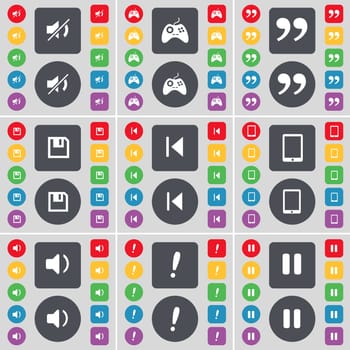 Mute, Gamepad, Quotation mark, Floppy, Media skip, Tablet PC, Sound, Exclamation mark, Pause icon symbol. A large set of flat, colored buttons for your design. illustration
