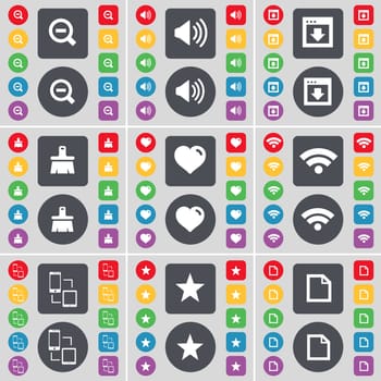 Minus, Sound, Window, Brush, Heart, Wi-Fi, Connection, Star, File icon symbol. A large set of flat, colored buttons for your design. illustration