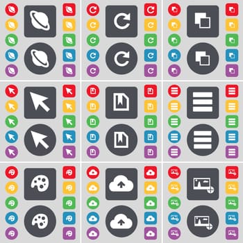 Planet, Reload, Copy, Cursor, File, Apps, Palette, Cloud, Picture icon symbol. A large set of flat, colored buttons for your design. illustration