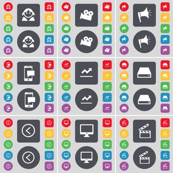 Avatar, Film camera, Megaphone, SMS, Graph, Hard drive, Arrow left, Monitor, Clapper icon symbol. A large set of flat, colored buttons for your design. illustration