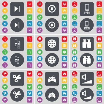 Media skip, Arrow down, Smartphone, Connection, Globe, Binoculars, Scissors, Gamepad, Volume icon symbol. A large set of flat, colored buttons for your design. illustration