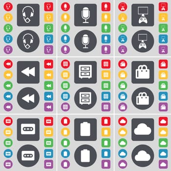 Headphones, Microphone, Game console, Rewind, Bed-table, Shopping bag, Cassette, Battery, Cloud icon symbol. A large set of flat, colored buttons for your design. illustration