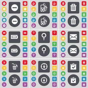 Minus, MP3 player, Trash can, Battery, Checkpoint, Message, Trash can, Compass, Survey icon symbol. A large set of flat, colored buttons for your design. illustration