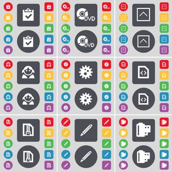 Survey, DVD, Arrow up, Avatar, Gear, File, ZIP file, Pencil, Negative films icon symbol. A large set of flat, colored buttons for your design. illustration