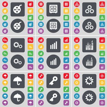 Videotape, Bed-table, Gear, Diagram, Graph, Umbrella, Key icon symbol. A large set of flat, colored buttons for your design. illustration