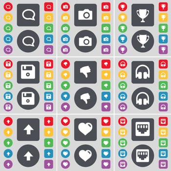 Chat bubble, Camera, Cup, Floppy, Dislike, Headphones, Arrow up, Heart, LAN socket icon symbol. A large set of flat, colored buttons for your design. illustration