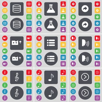 Database, Flask, Back, Cassette, List, Talk, Clef, Note, Arrow right icon symbol. A large set of flat, colored buttons for your design. illustration