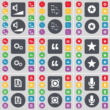 Volume, Connection, Star, Gear, Quotation mark, Star, ZIP file, Speaker, Microphone icon symbol. A large set of flat, colored buttons for your design. illustration