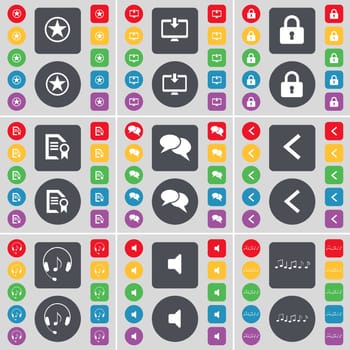 Star, Monitor, Lock, Text file, Chat, Arrow left, Headphones, Sound, Note icon symbol. A large set of flat, colored buttons for your design. illustration