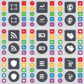 Frame, Graph, Globe, RSS, Battery, Heart, Badge, Apps, Trash can icon symbol. A large set of flat, colored buttons for your design. illustration