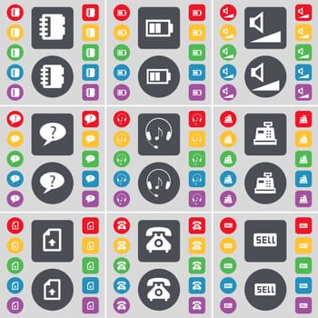 Notebook, Battery, Volume, Chat bubble, Headphones, Cash register, File, Retro phone, Sell icon symbol. A large set of flat, colored buttons for your design. illustration
