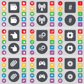 Wallet, Wi-Fi, Hashtag, Hand, Gear, Processor, Clip, Gamepad, Lens icon symbol. A large set of flat, colored buttons for your design. illustration