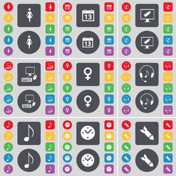 Silhouette, Calendar, Monitor, PC, Venus symbol, Headphones, Note, Clock, Rocket icon symbol. A large set of flat, colored buttons for your design. illustration