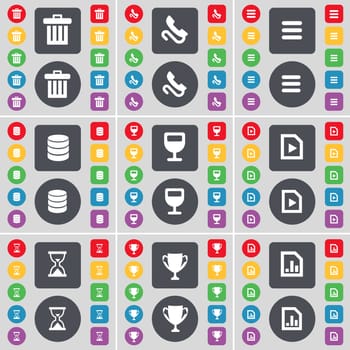 Trash can, Receiver, Apps, Database, Wineglass, Media file, Hourglass, Cup, Diagram file icon symbol. A large set of flat, colored buttons for your design. illustration