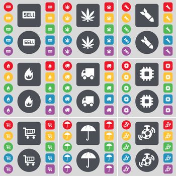 Sell, Marijuana, Rocket, Fire, Truck, Processor, Shopping cart, Umbrella, Speaker icon symbol. A large set of flat, colored buttons for your design. illustration