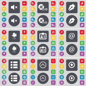 Mute, DVD, Ink pen, Film camera, Contact, Mail, List, Arrow up icon symbol. A large set of flat, colored buttons for your design. illustration