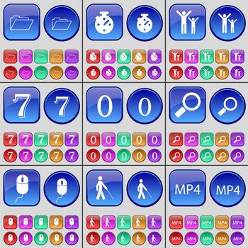Folder, Stopwatch, Family, Seven, Zero, Magnifying glass, Mouse, Silhouette, MP4. A large set of multi-colored buttons. illustration
