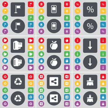 Golf hole, Mobile phone, Percent, Negative films, Apple, Arrow down, Recycling, Share, Brush icon symbol. A large set of flat, colored buttons for your design. illustration